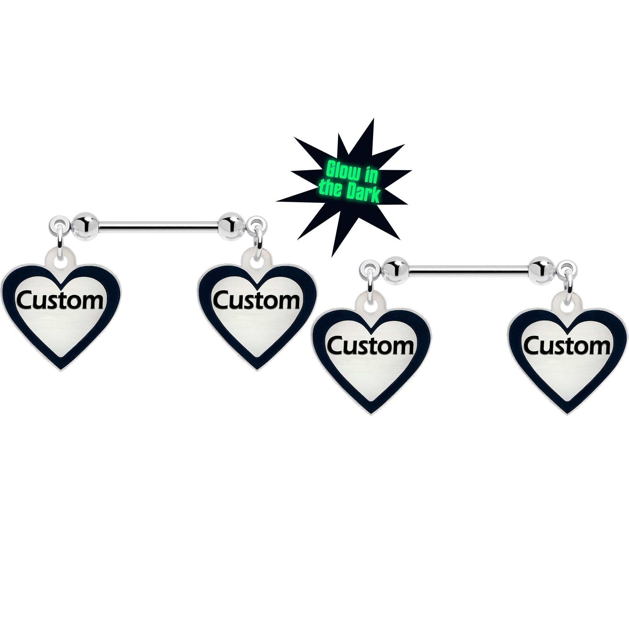 Custom Heart Glow in the Dark Double Personalized Name Dangle Nipple Ring Set