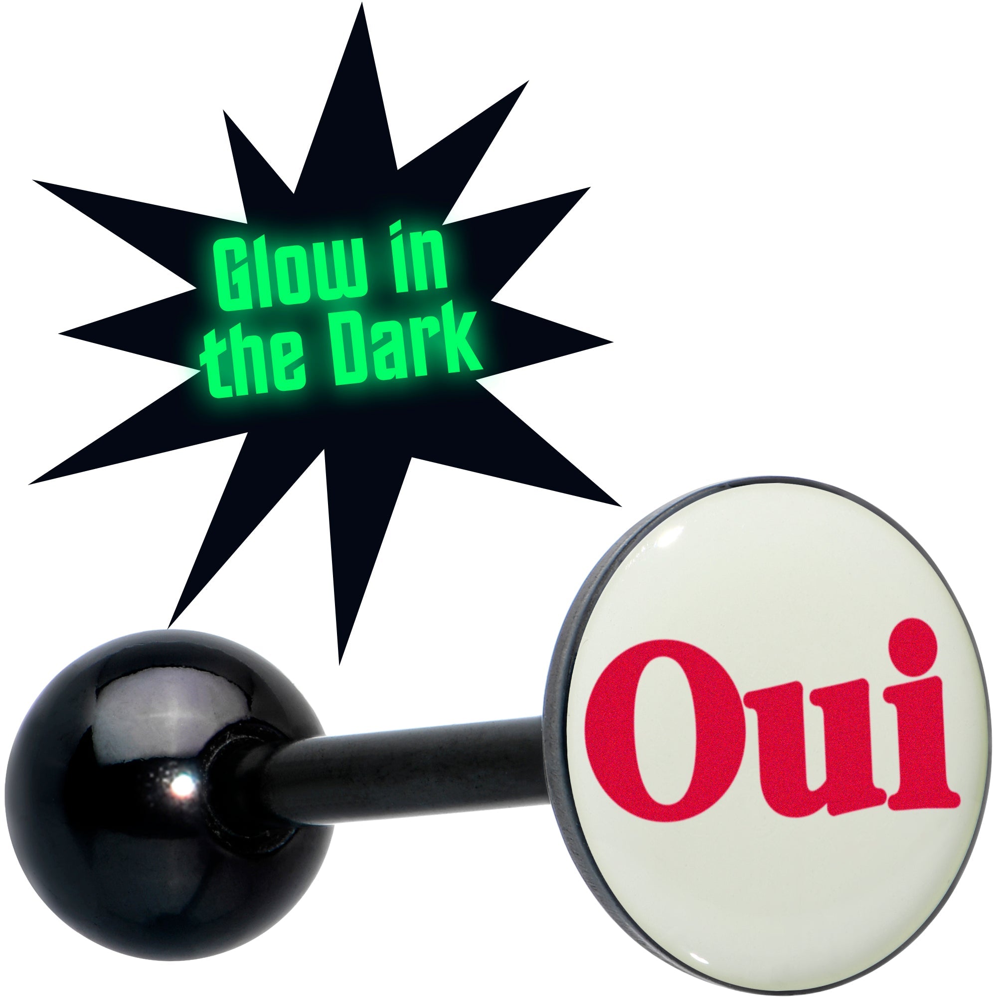 Glow in the Dark Black Anodized OUI Barbell Tongue Ring by Onyx O