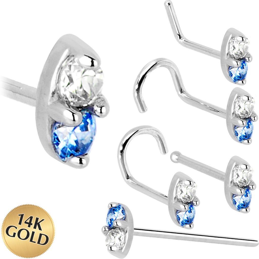 14k White Gold Arctic Blue 1.5mm CZ Marquise Nose Ring