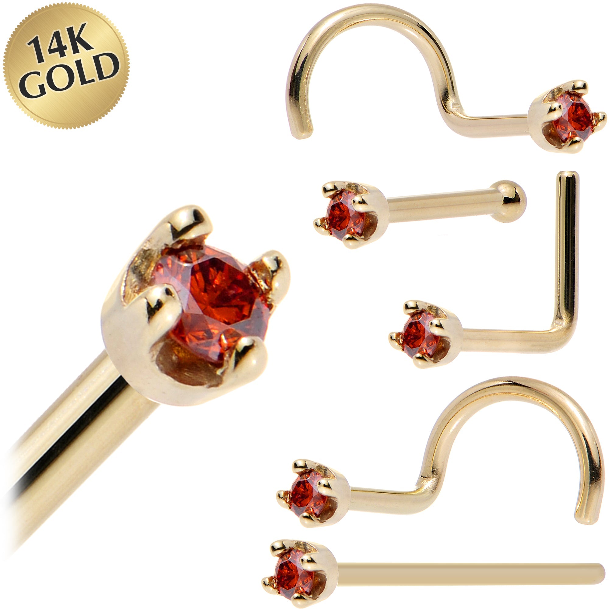 Solid 14K Yellow Gold 1.5mm Genuine Red Diamond Nose Ring