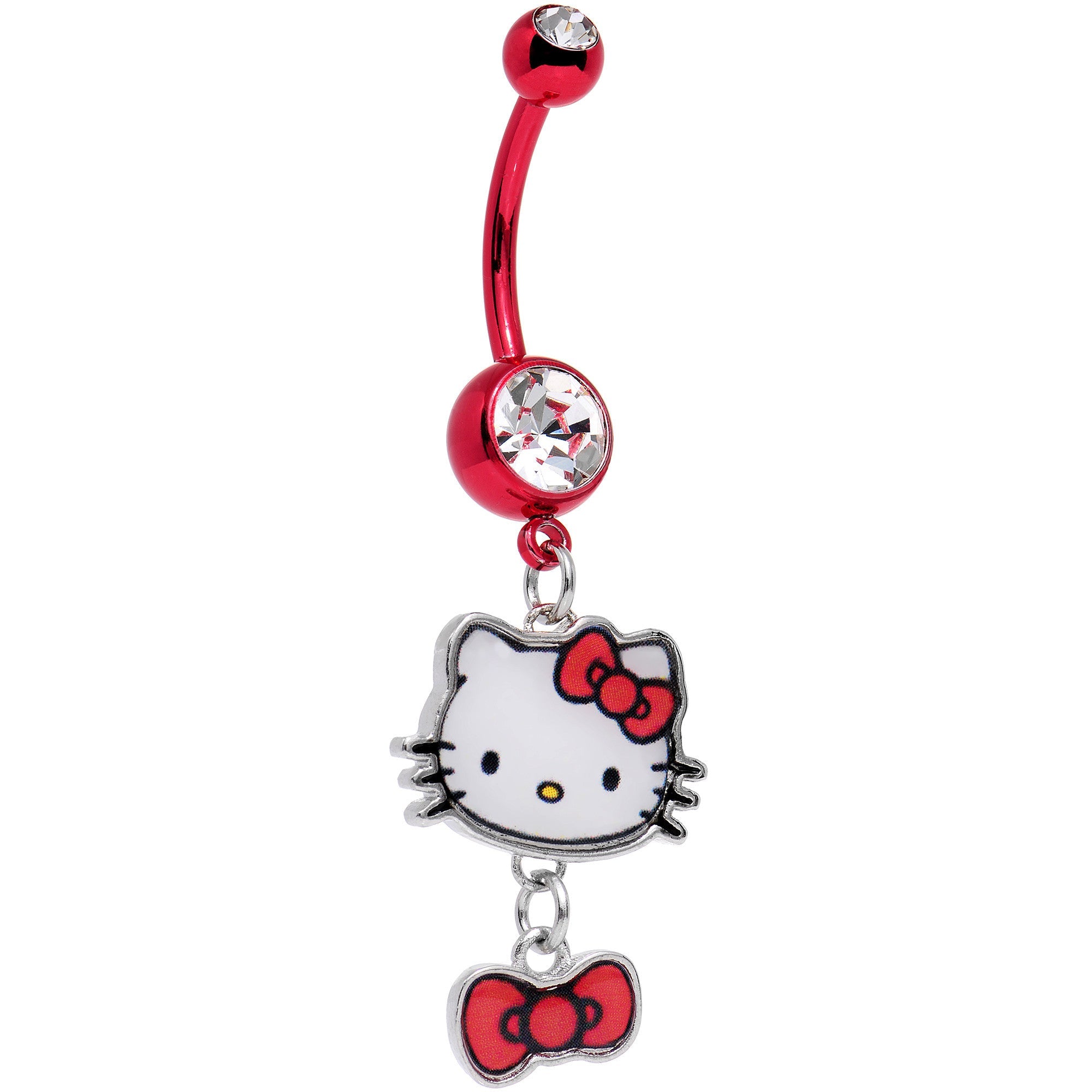 Piercing de ombligo colgante de titanio anodizado rojo con gema transparente de Hello Kitty con licencia