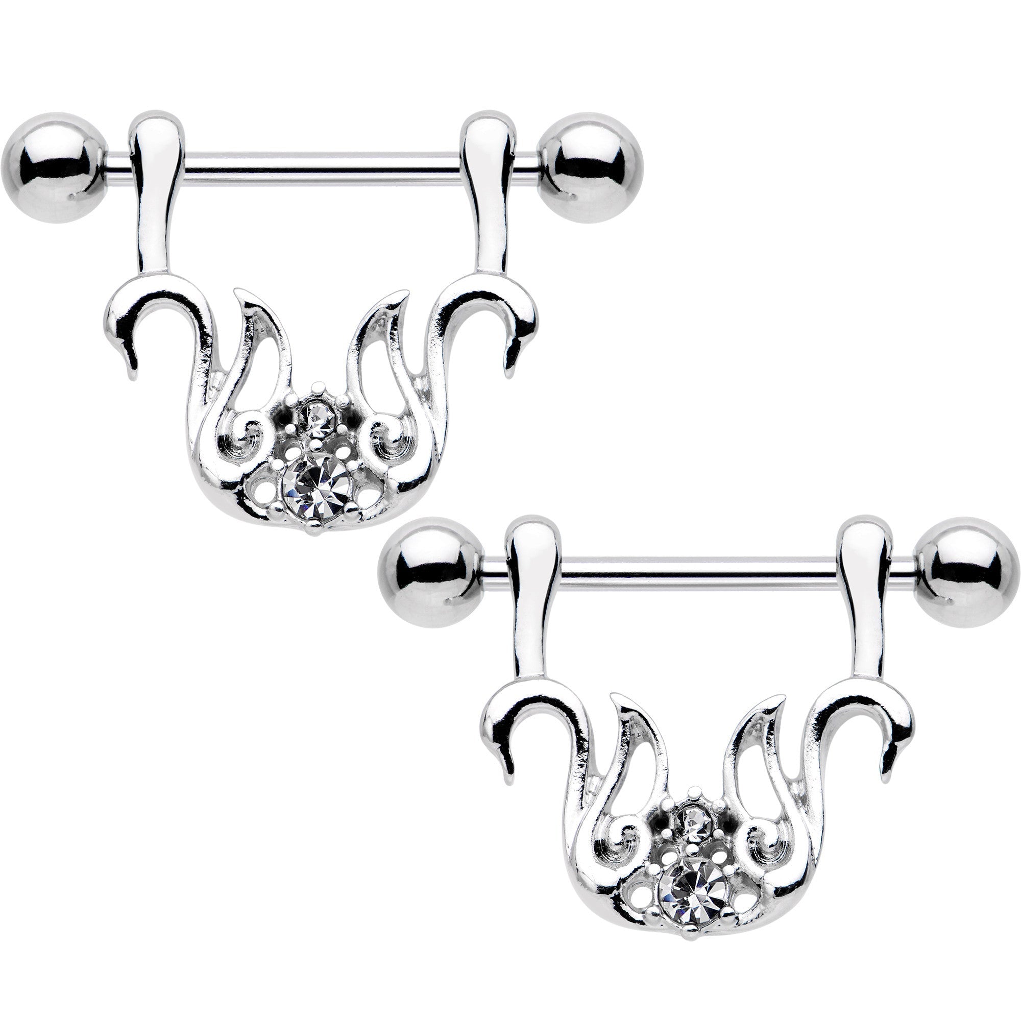 9/16 Set de aros colgantes de pezón con gemas transparentes con diseño de pareja de cisnes