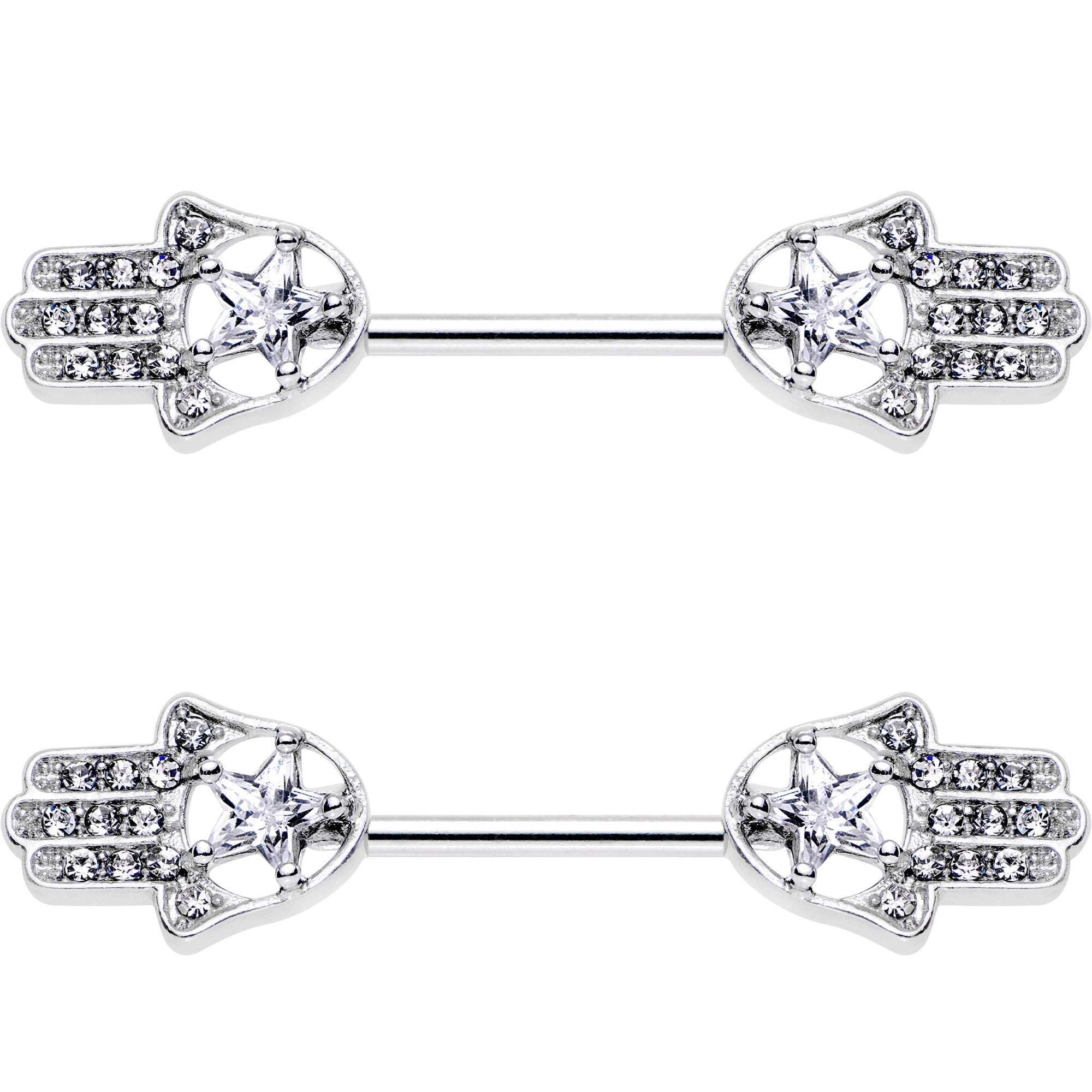 Set de 2 Piercings para Pezón de 14G y 9/16, Diseño Hamsa con Estrella y Gema Transparente
