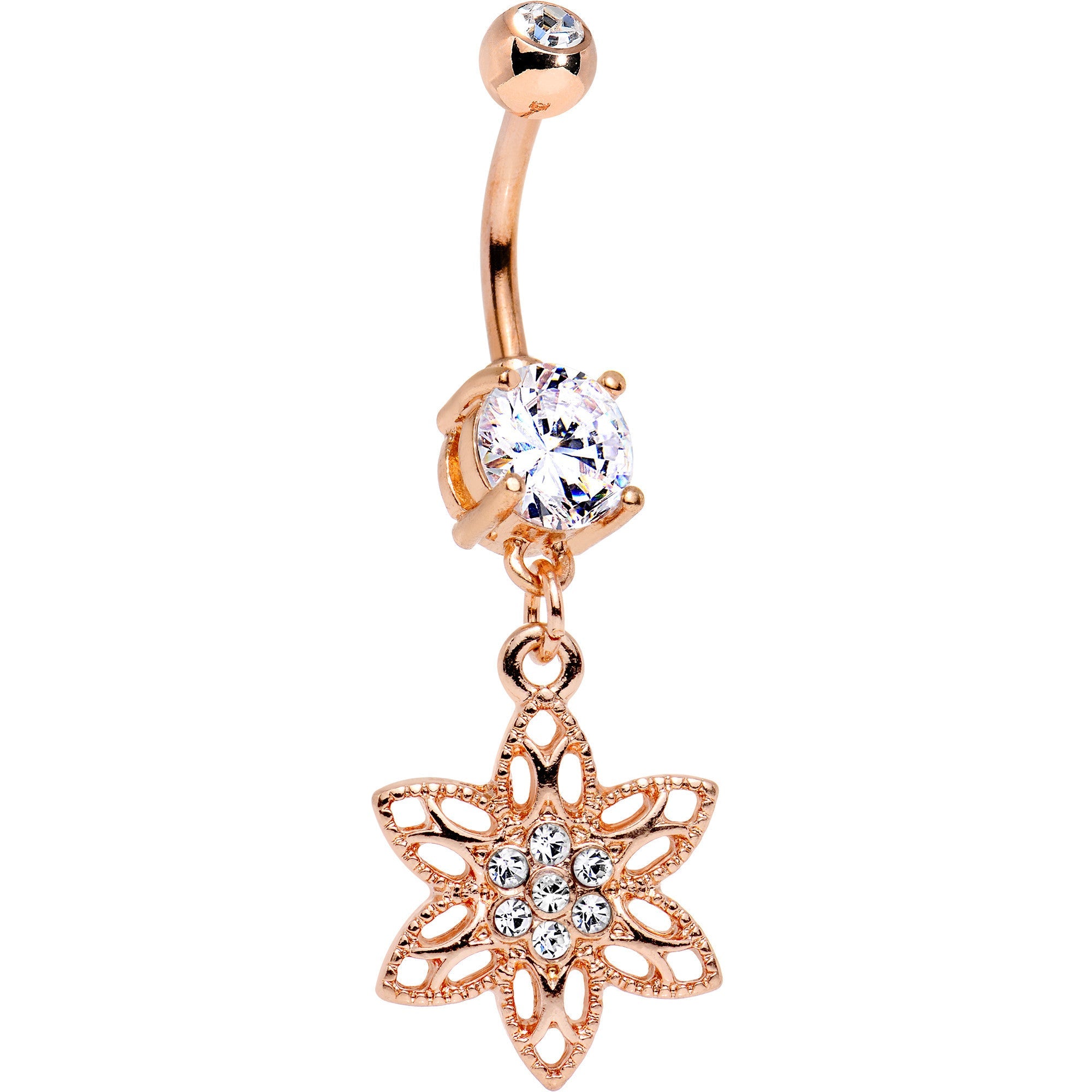 Piercing de ombligo colgante de flor en forma de estrella, anodizado en oro rosa con gema transparente