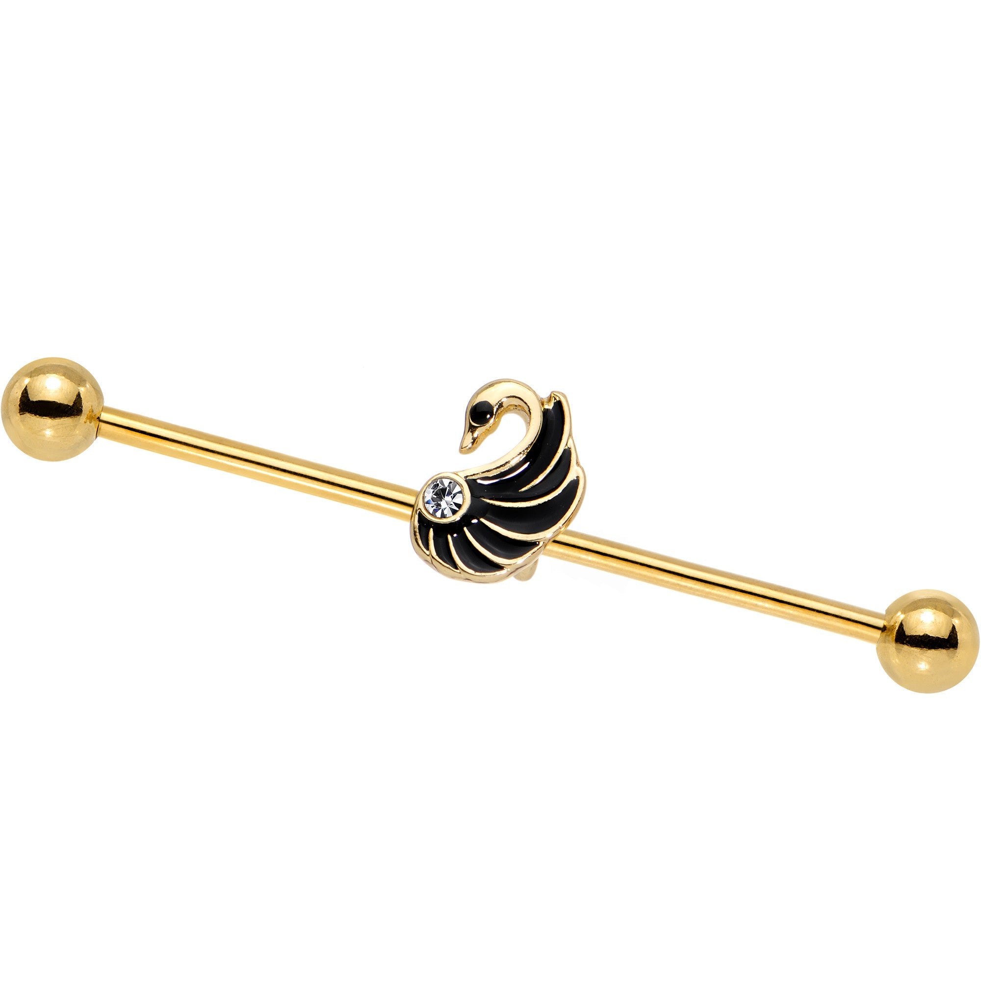 Barra industrial de plumas de cisne revoloteando con gema transparente y PVD dorado 38 mm