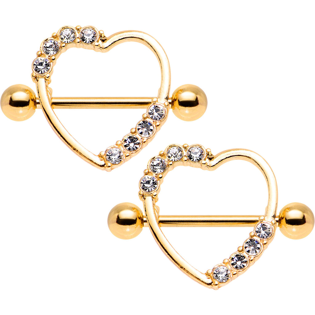 Set de protectores de pezón de 14G y 3/4 con gema transparente y corazón anodizado dorado