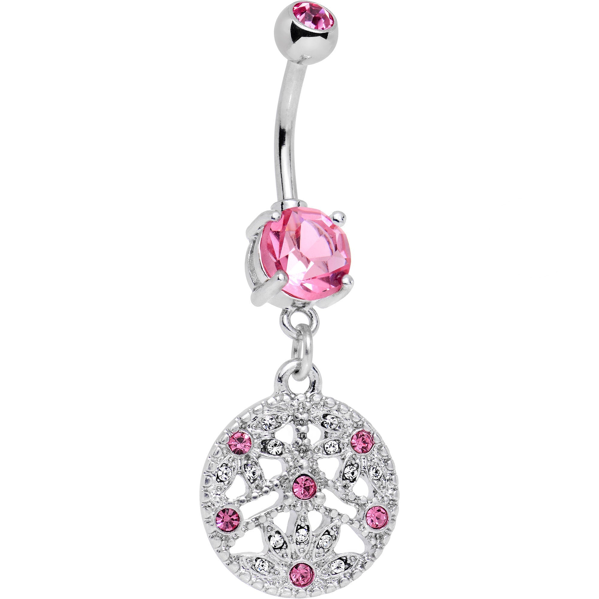 Anillo para ombligo con disco de circonita rosa y diseño barroco, colgante