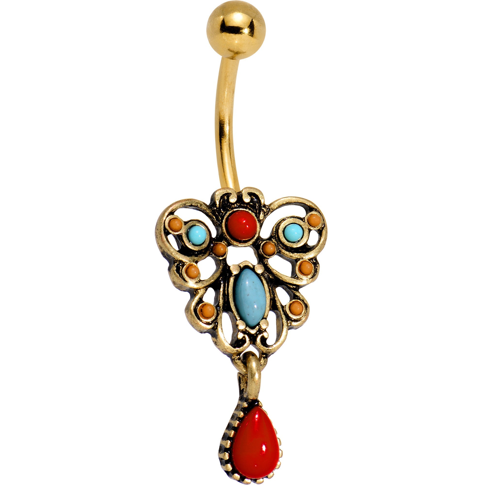 Piercing de ombligo colgante estilo filigrana antigua azul rojo del sudoeste