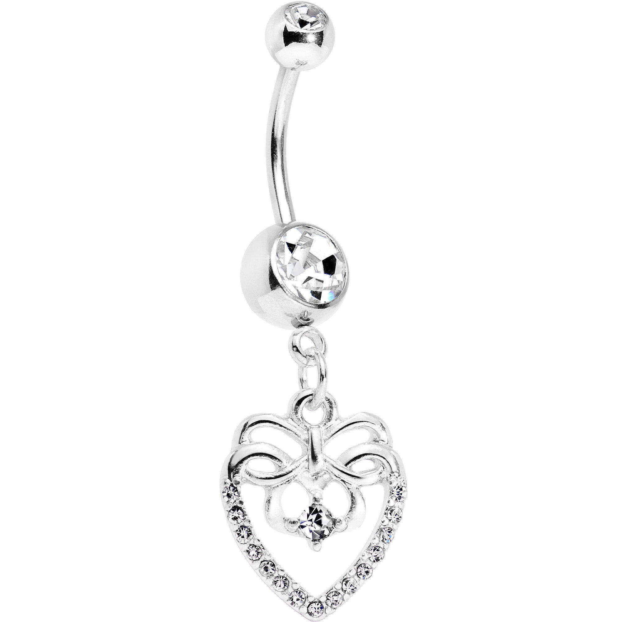 Piercing de ombligo con colgante de corazón y moño con gemas de circonita transparentes