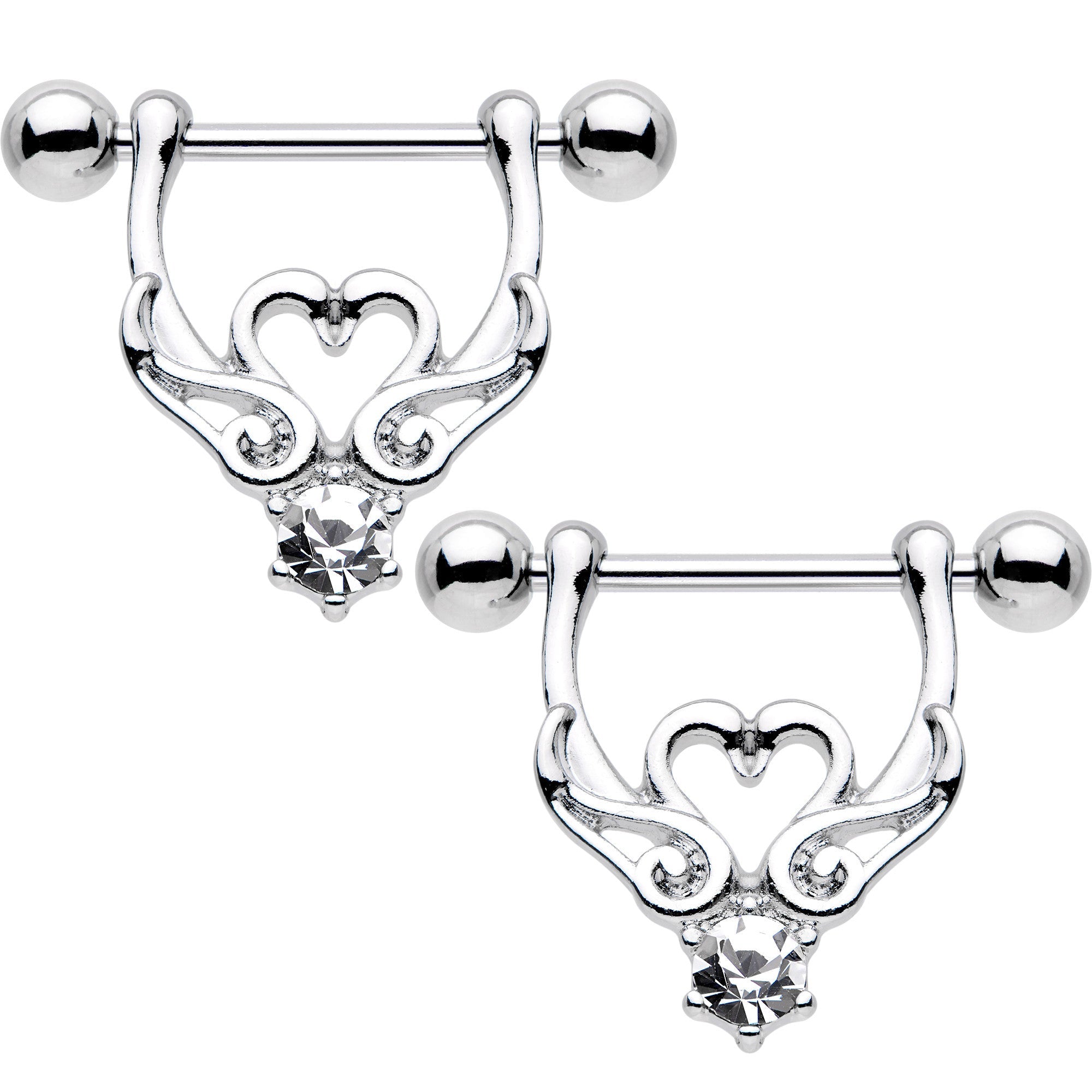 Conjunto de protectores para pezones con colgante de corazón de cisnes besándose y gema transparente de 9/16