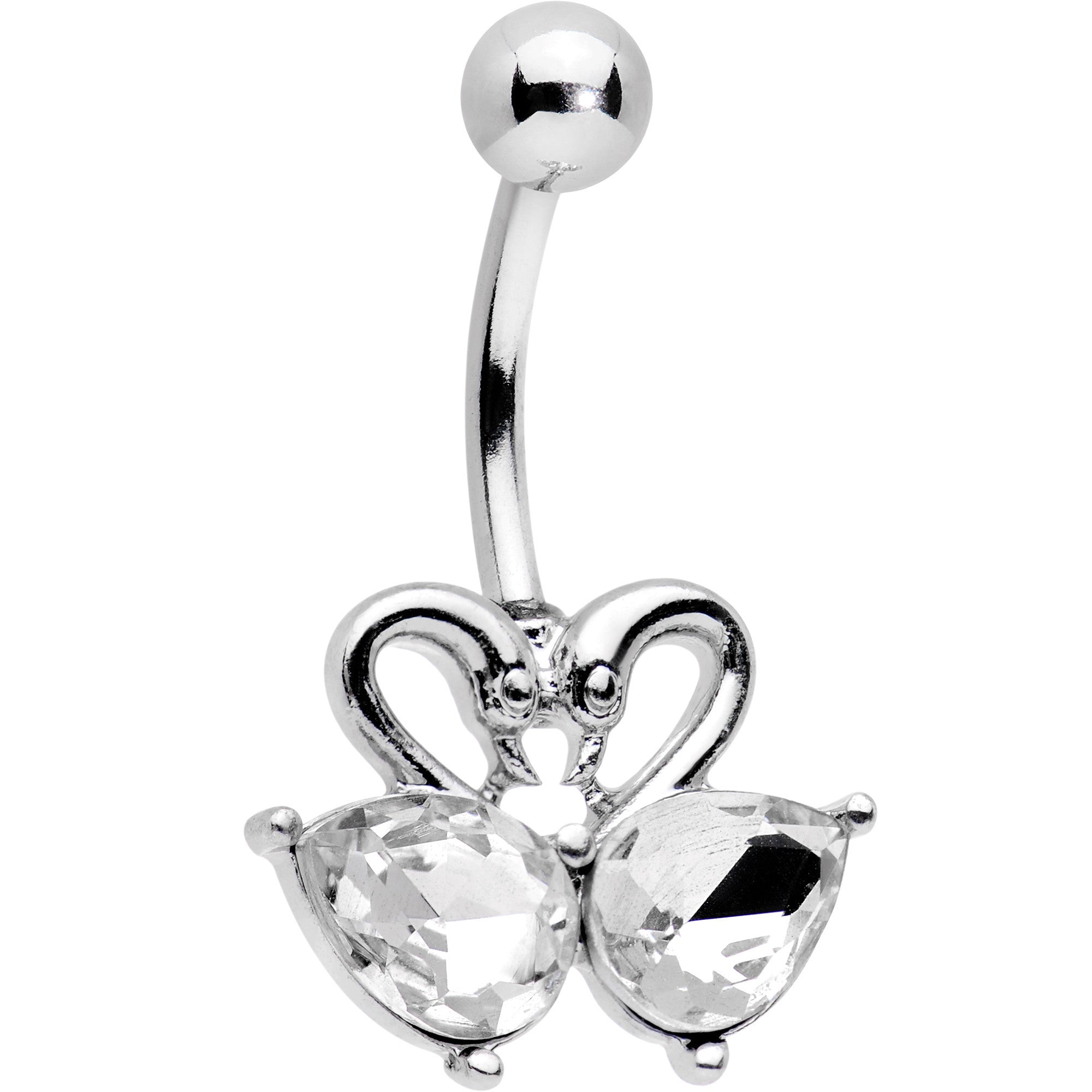 Piercing de ombligo con diseño de corazón de cisnes dobles y gema transparente